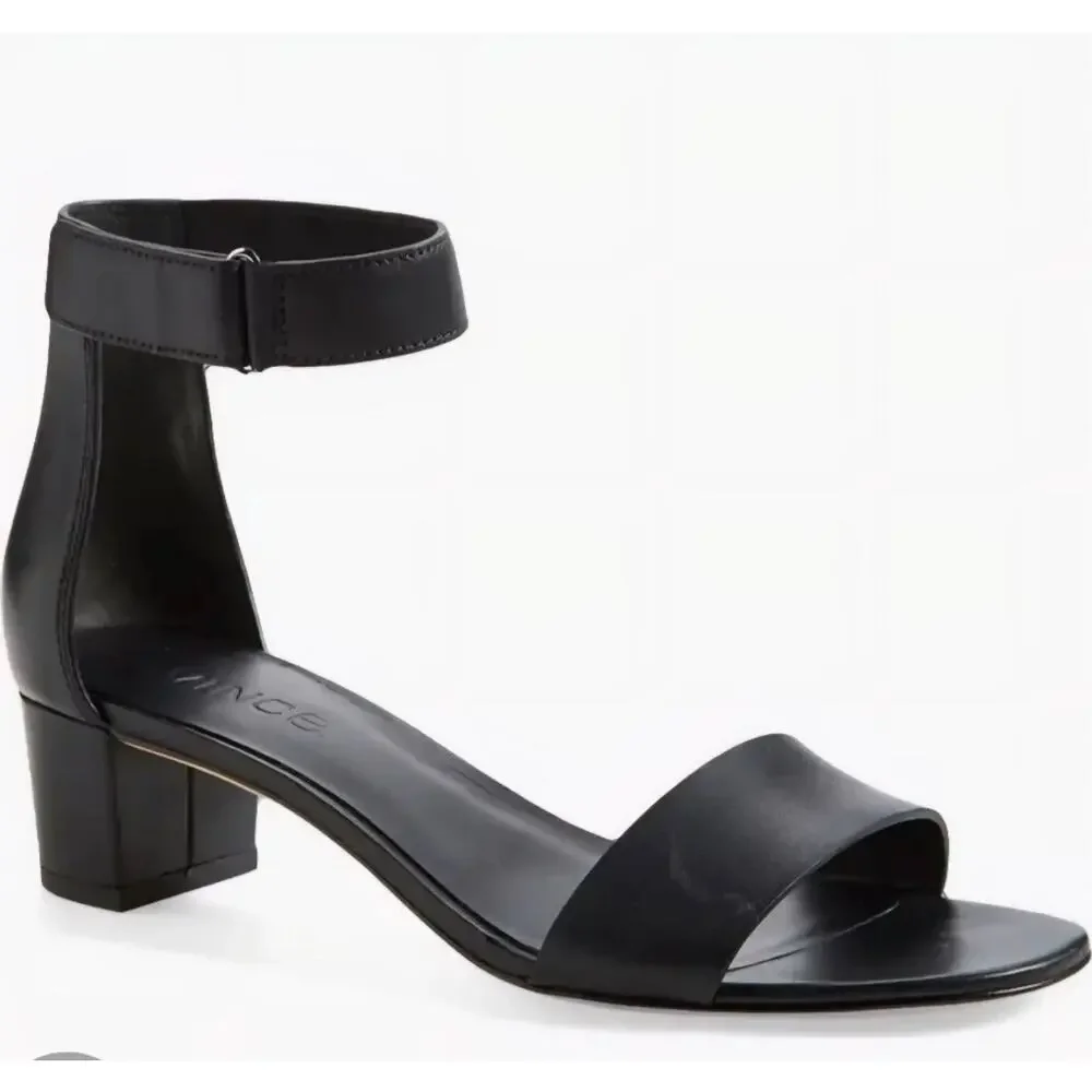 Vince Black Leather Ankle Strap Block Heel Sandals Women 9 Open Toe Dress Shoes